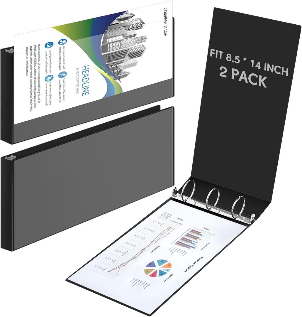 2 Pcs 8.5'' x 14'' Landscape PP 3 Ring Legal Size Binders, 2 Inch Round Ring Binder with Transparent Cover, Economy Holds Legal Paper for Artwork Blueprints Office Home Work Place(Black)