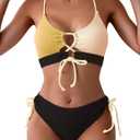 B2prity Women's Sexy Bikini Set Two Piece Swimsuit Color Block Tie Front Bathing Suit Supportive High Waisted Swimwear Small