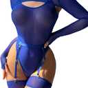 Kaei&Shi Rave Outfits For Women Festival,High Cut Sheer Mesh Bodysuit Night Club,4 Pieces Sexy Lingerie Body Suit (Medium, Blue)