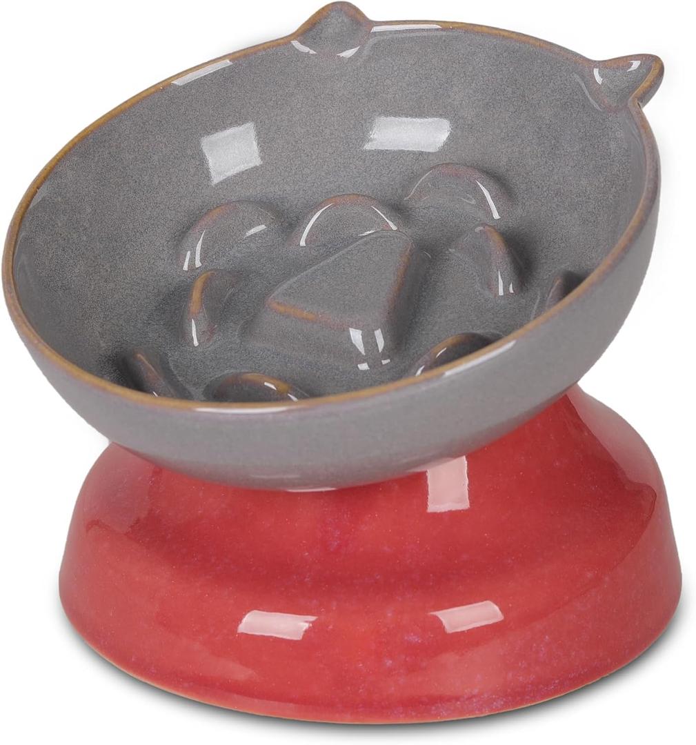 Ceramic Slow Feeder Cat Bowl, 5.35 Inch Tilted Elevated Cat Slow Feeder Bowl, Maze Design Anti Vomiting for Dry and Wet Food, Whisker Friendly Healthy Raised Food Bowl for Cats and Small Dogs