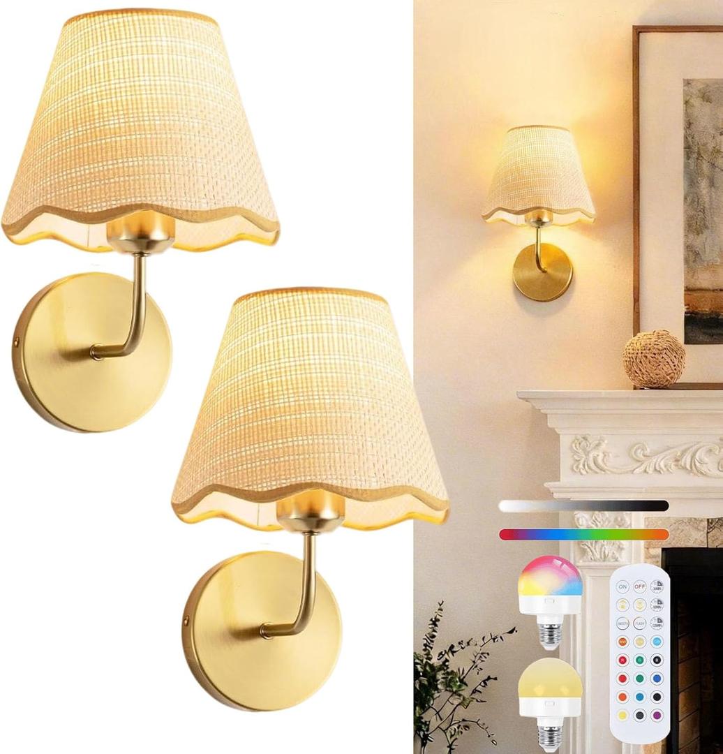 Wireless Battery Operated Wall Sconces Set of 2, Rechargeable 5000mAh Rattan Shade Wall Light with Remote, Gold Wall Lamp for Bedroom, Living Room, Hallway (Straight Arm)