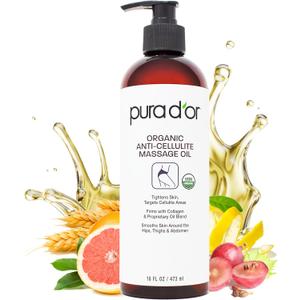 PURA DOR 16 Oz Organic Anti-Cellulite Massage Oil for Toned Legs and Butt - Lemon Peel, Moringa, Grape Seed, Grapefruit & Eucalyptus Oils - Skin Firming & Tightening