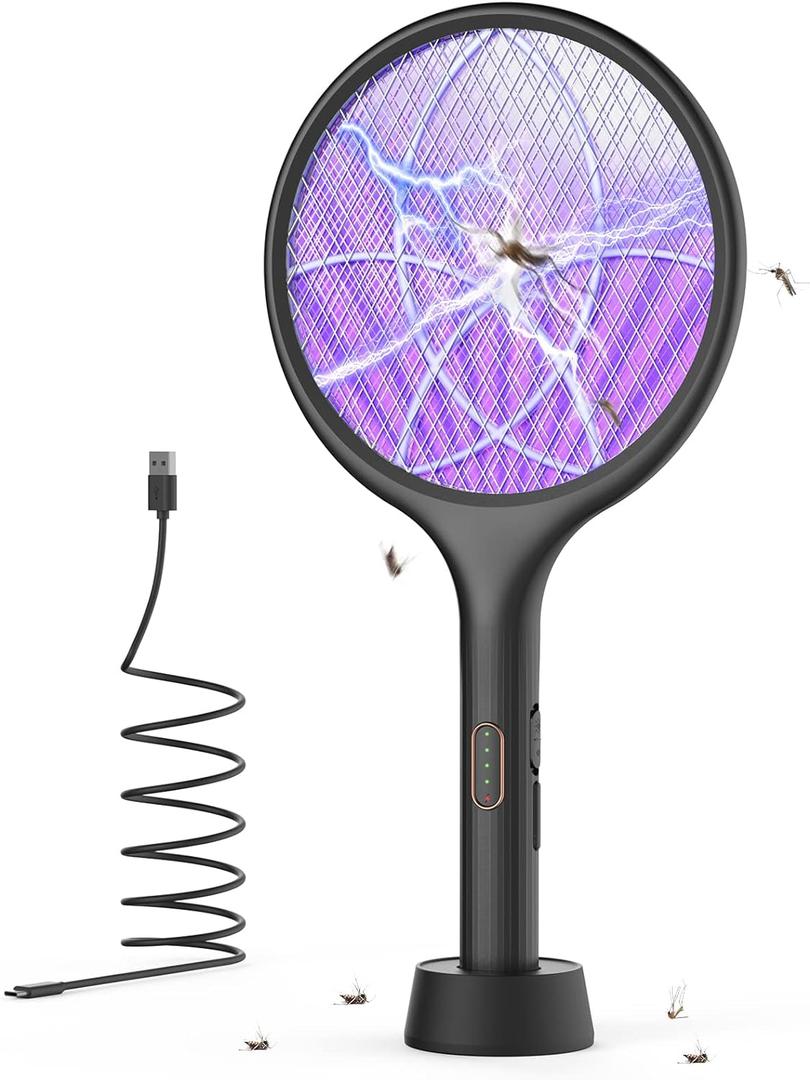 YISSVIC Electric Fly Swatter 4000V Bug Zapper Racket Dual Modes Mosquito Killer with Purple Mosquito Light Rechargeable for Indoor Home Office Backyard Patio Camping, Black, 1 Pack