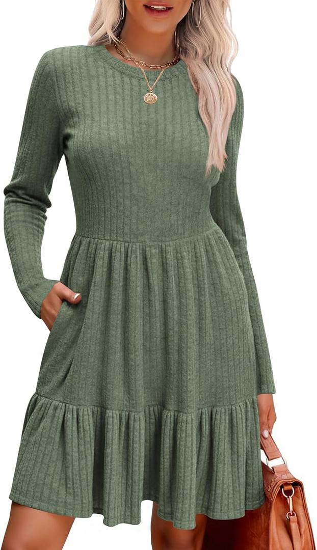 Naggoo Women's Long Sleeve Ruffle Dress Casual Crew Neck Tunic A-Line Babydoll Sweater Dresses with Pockets, Size S (Green)