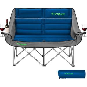 VIVOSUN Double Camping Chair, Fully Padded Folding Loveseat, Oversized Duo Chair with Cup & Wine Glass Holders, Pocket, Armrests & Carry Bag (Blue)