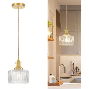 6.9in Vintage Pendant Lights for Kitchen with Clear Striped Glass Shade, Brushed Gold Pendant Lights Kitchen Island, Small Light Pendant Adjustable Hanging Light for Entrance Bedroom Hallway Home