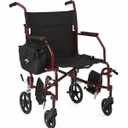 Medline Lightweight Steel Transport Chair, Folding Chair is Portable, Large 8in Back Wheels, 19in Wide Seat, Red