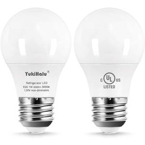 YukiHalu, A15 Appliance Light Bulb, 60W Equivalent for Range Hood/Refrigerator Light Bulb/Ceiling Fan Light, 600 Lumens 7W 120V 3000K Warm White E26 Base, Waterproof, Not Dimmable, 2-Pack