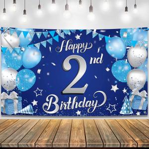 KatchOn, Blue Happy 2nd Birthday Banner - Xtralarge, 72x44 Inch | 2nd Birthday Decorations for Boys, Girls | Banner for Blue Party Decorations Happy Birthday Backdrop | Happy Birthday Sign (Blue and Silver)