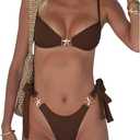 SOLY HUX Women's Bathing Suit Ring Linked High Cut String Bikini Set Tie Side Thong Two Piece Swimsuit (Large, Pure Khaki)