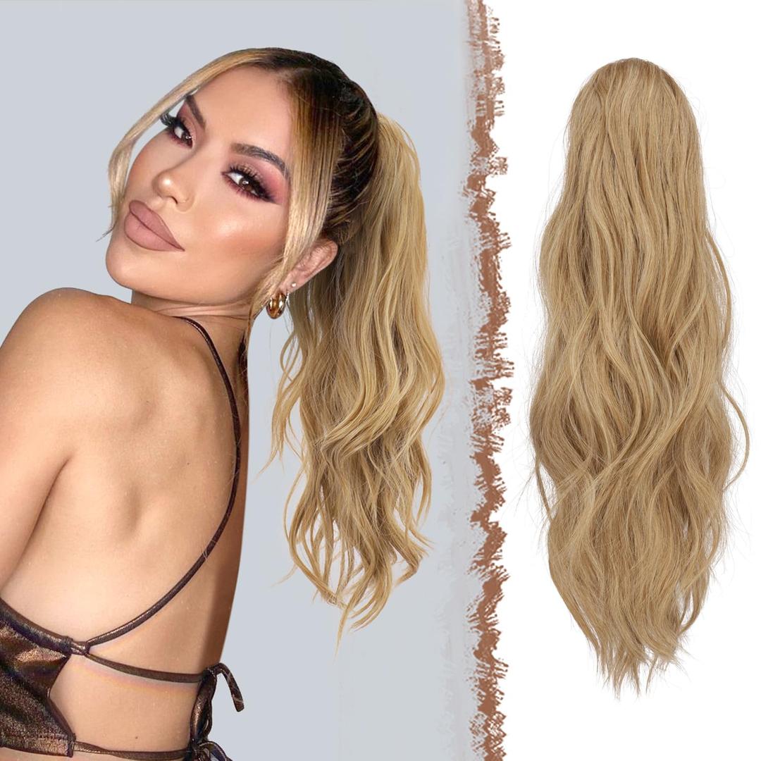 FESHFEN Ponytail Extensions, Long Claw Clip in Ponytail Hairpiece Synthetic Pony Tails Hair Piece Natural Wavy Hairpieces for Women, 20 inch Blonde & Ash Blonde Mixed