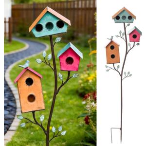 Multi-Bird Houses for Outside with Pole, Colorful Durable Birdhouse on Stake, 3 Rooms, Metal Bird Houses for Outside, Garden Yard Decor