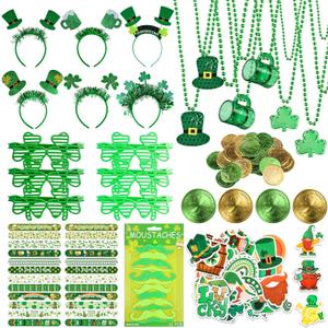 TUZELIYA 134Pcs St. Patrick's Day Accessories Party Favor Set with Stickers Necklaces Slap Bracelets Glasses Headbands Mustaches Coins - St. Patrick's Day Accessories Decoration Supplies for Men Women
