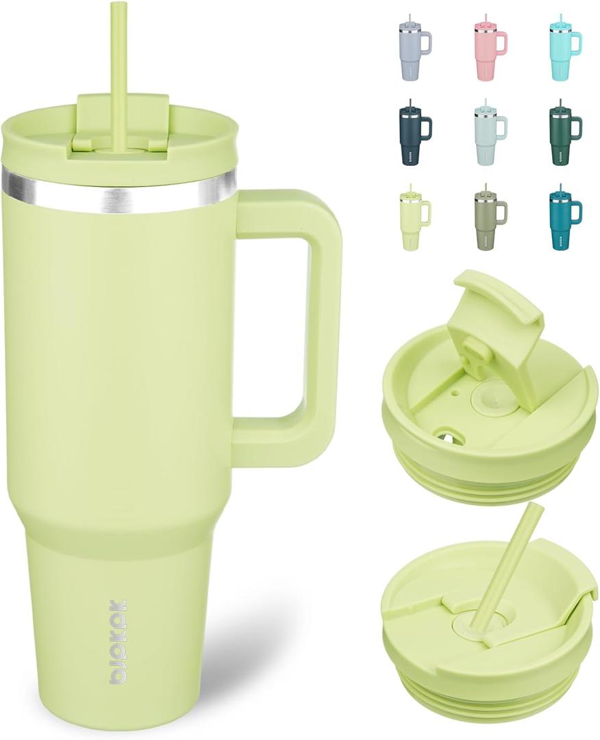 BJPKPK Tumbler With Handle 40 oz Stainless Steel Insulated Tumbler With Lid And Straw For Water Or Ice Coffee, Macaron Green