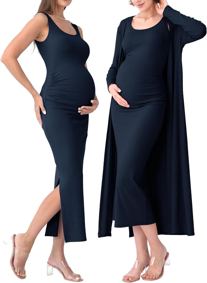 Rnxrbb 2 PCS Winter Spring Maternity Dress Cardigan Set Long Bodycon Maxi Formal Dresses Boho Baby Shower for Women (Navy)