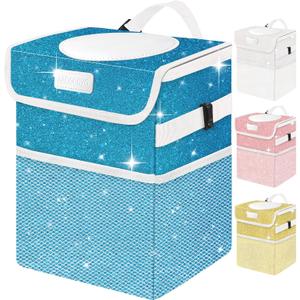 BAOGCOYO Car Trash Can for Car, Cute Mini Car Trash Bag with Lid, Glitter Car Garbage Can Bin Hanging for Back/Front Seat/Console, Waterproof, Leakproof, 2.5 Gallon, Blue Bling Sparkly