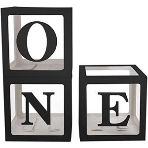 Sooyee First Birthday Decorations for Girl or Boy,3 Pcs ONE Balloon Boxes For 1st Birthday Girl Decoration,Baby Cube Blocks Party Decor With ONE Letters,Black