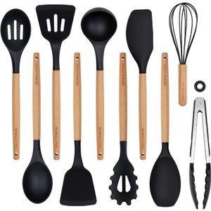 Silicone 10 Pcs Kitchen Cooking Utensils Set, Recycled Materials Certification, BPA Free Spatula Set with Heat Resistant Wood Handles for Nonstick Cookware, Black