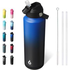 BJPKPK Insulated Water Bottle with Straw Lid, 40oz Large Thermos, BPA Free Leak Proof Stainless Steel Metal Water Bottles, Tumblers, Cups, Flasks for Travel, Sports, Black Blue