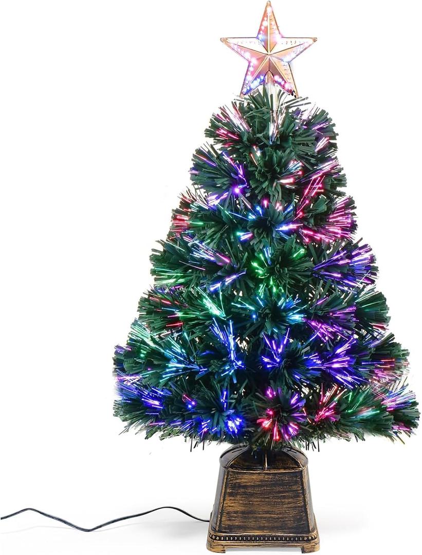 24 inch Green Fiber Optic Christmas Tree, Pre-Lit Artificial Mini Christmas Tree, 2ft Tabletop Small Xmas Tree with Gold Base Pot with Stars for Holiday Home Decorations