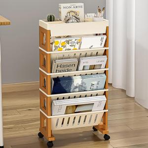 5 Tier Book Rack Storage Bookshelf, Mobile Bookshelf with Wheels, Removable Movable Unique Bookcase, Rolling Book Cart, Bookshelves for Students Study in Dorm Classroom Living Room School (Cream Yellow)