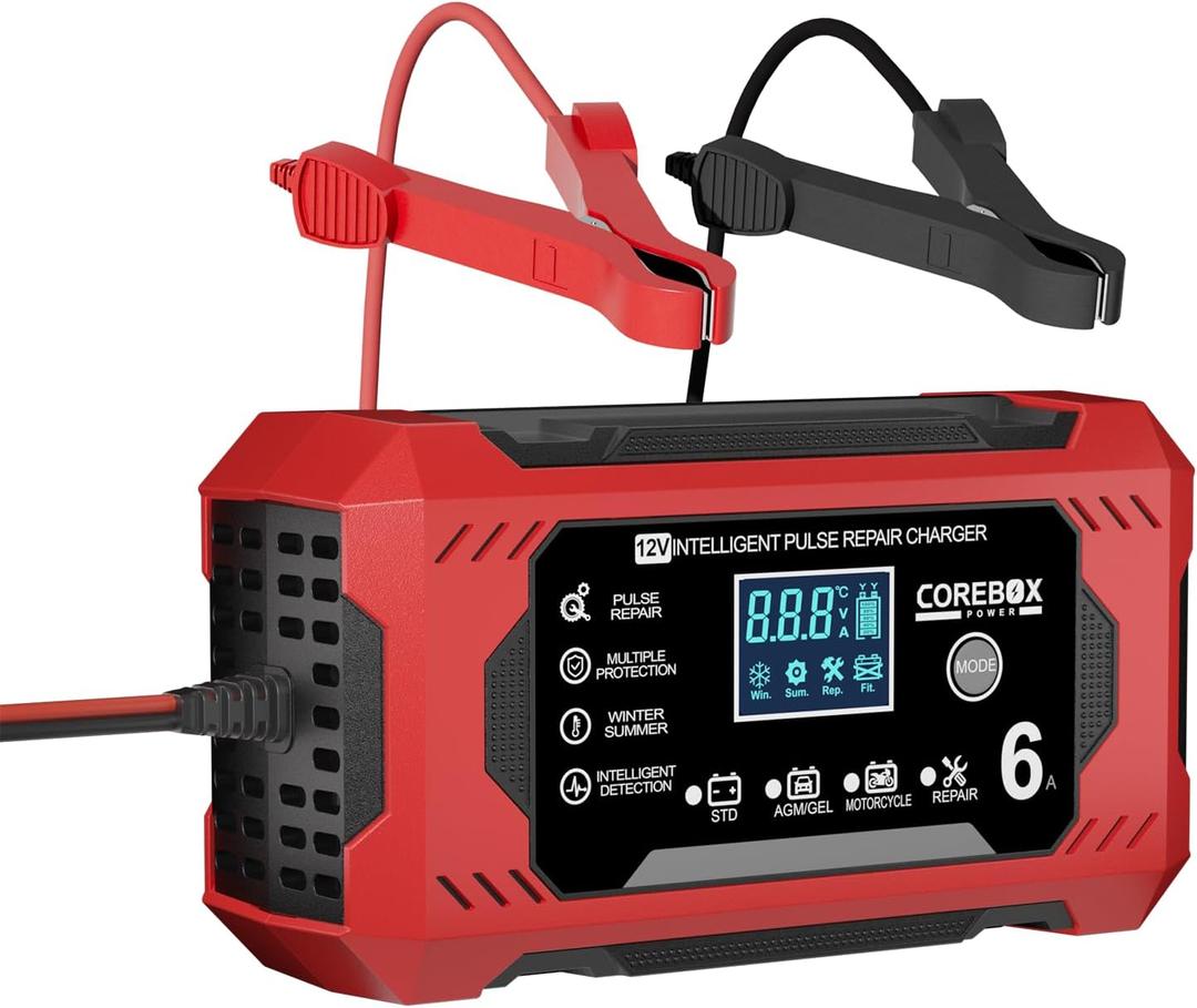 Battery Charger 6-Amp 12V Automatic Smart Battery Trickle Charger, Battery Maintainer Desulfator with Temperature Compensation for Car Truck Motorcycle Lawn Mower Marine (Red)