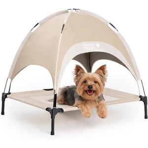 FUNNY FUZZY Elevated Dog Bed with Canopy, Small (24"x18"x7") Outdoor Raised Dog Cot with Shade, Cooling Breathable Mesh Pet Bed, Portable Waterproof Dog Camping Bed for Dogs,Khaki