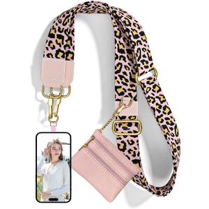 Nipichsha Crossbody Phone Strap with Wallet, Clip and Go Strap for Phone with Wallet, Adjustable Crossbody Cell Belt with Zippered Pouch, Neck Shoulder Cell Lanyard for Women, Pink Leopard