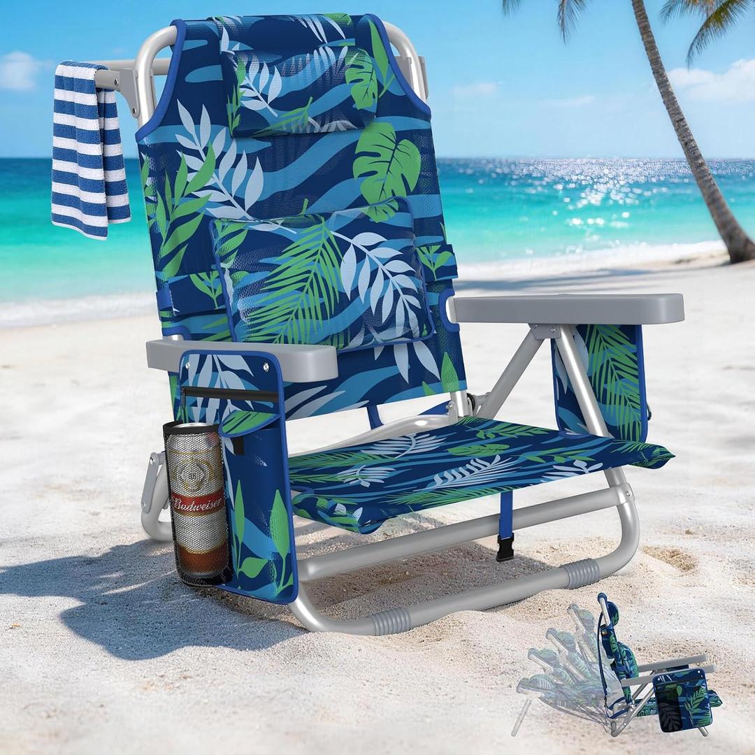 HOPERAN 5-Position Backpack Beach Chair for Adults with Lumbar Support | For Beach & Outdoor Adventures, Supports up to 330 Lbs with Cooler Bag, Cup Holder, Storage Pockets & Backpack Straps
