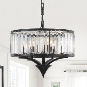 Modern Farmhouse Crystal Chandeliers for Dining Room, 5-Light Black Antique Pendant Chandelier, Contemporary Hanging Light Fixture for Living Room Bedroom Foyer Kitchen Island Entryway