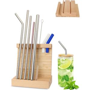 Straw Drying Rack, Drinking Straw Holder, Foldable Bamboo Straw Holder, Space Saving Wooden Straw Holder for Reusable Juice Coffee Drinks Straw Stirrer