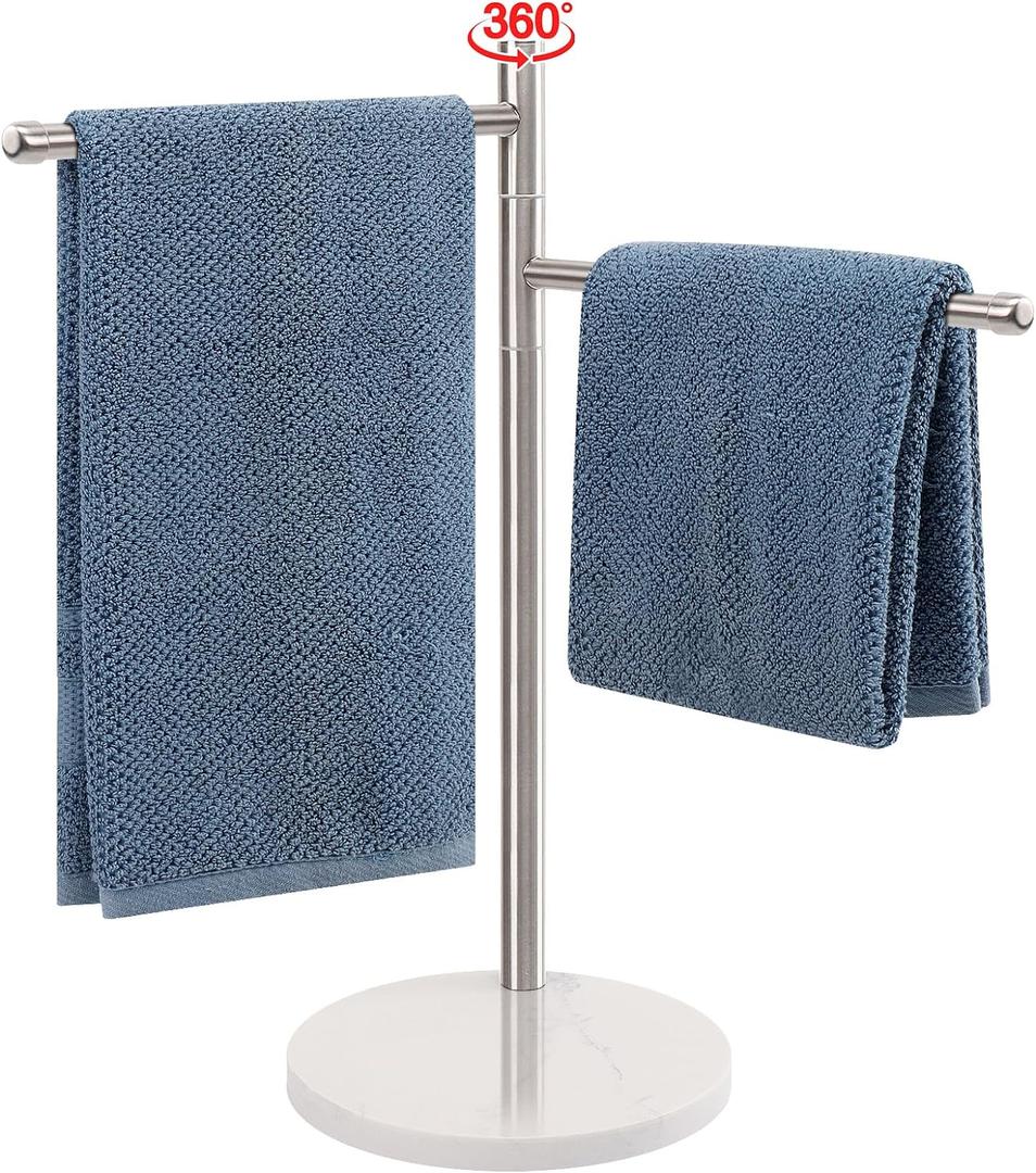 Hand Towel Holder, F-Shape Hand Towel Stand with Marble Base, Stainless Steel Swivel Hand Towel Rack Standing Towel Bar for Bathroom Kitchen Countertop, 2 Arms (Brushed Nickel)