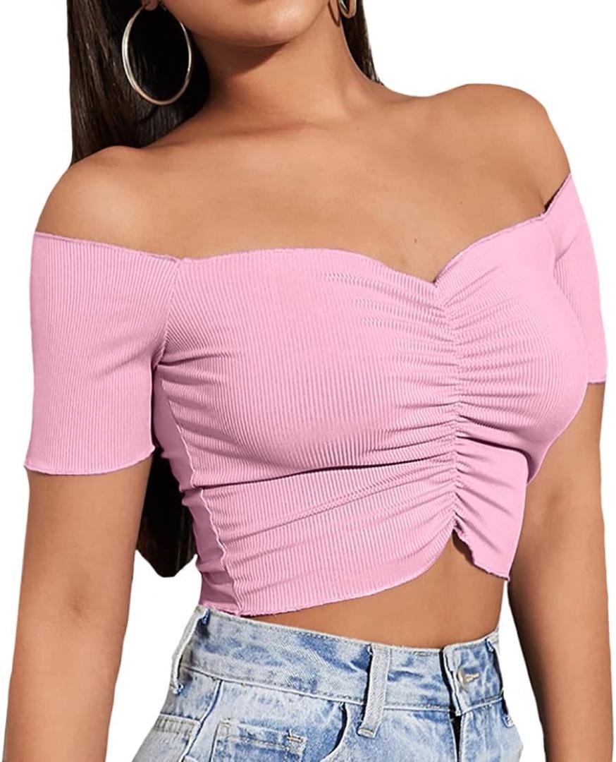 LYANER Women's Off Shoulder Ruched Short Sleeve Rib Knit Sexy Crop Top Blouse (Pink, XS)