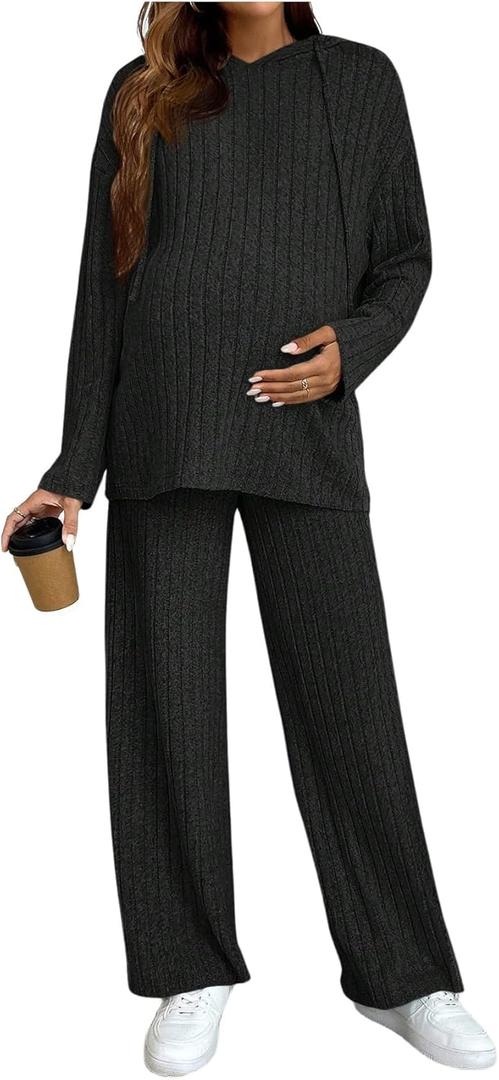 MakeMeChic Women's Maternity 2 Piece Outfits Lounge Set Ribbed Knit Long Sleeve Hoodie and Pants Pregnancy Set (Black, Small)