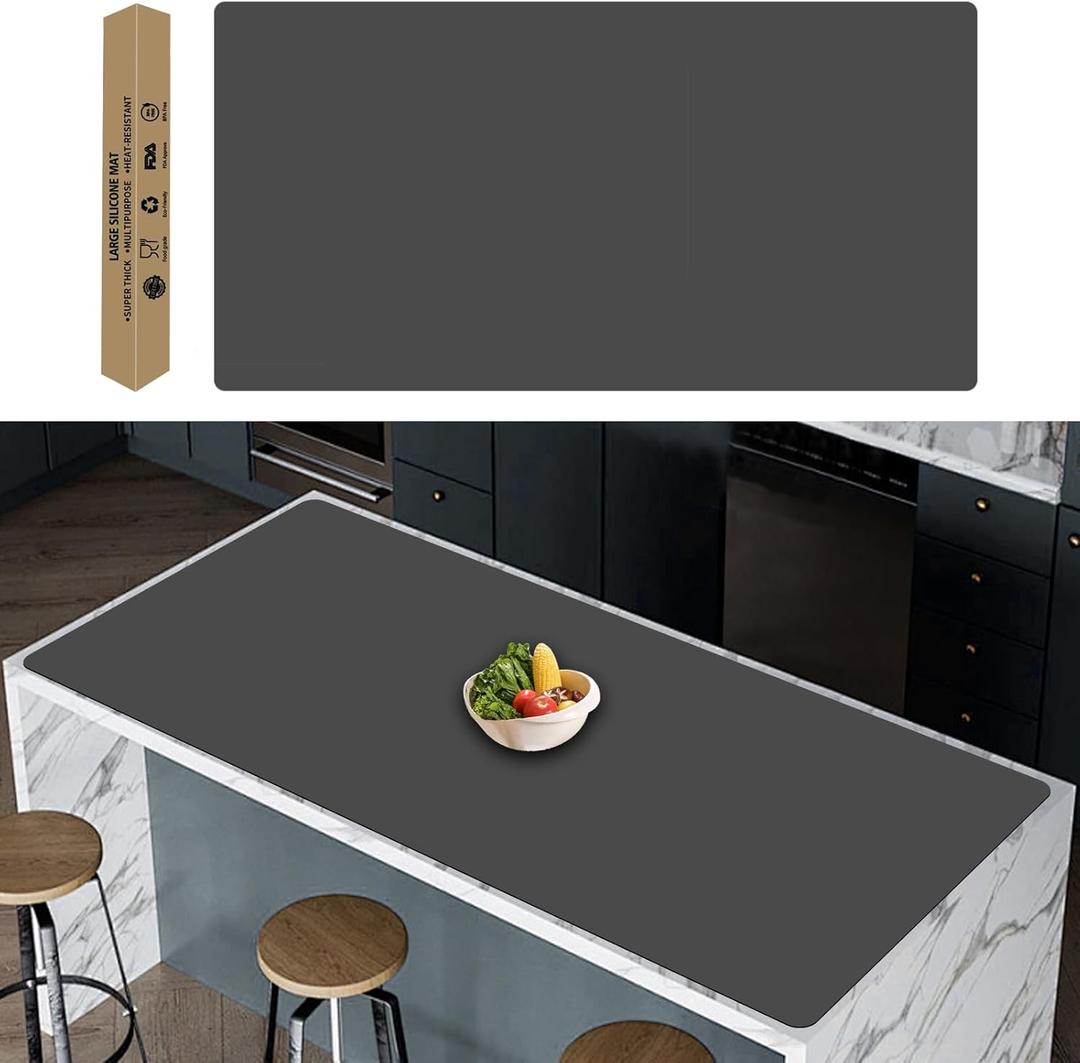 Large Silicone Kitchen Counter Mat, 35.4"x23.6"x0.06" Nonslip Heat Resistant Mat, Shipped Roll Up Cuttable Silicone Countertop Protector Mat, Waterproof Craft Table Placemat, Dark Gray
