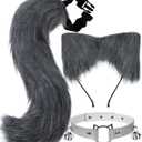 Cat Ears and Tail,Wolf Fox Ears Long Tail and Bell Lace Choker Set for Halloween,Animal Cosplay Party Costume (Grey)