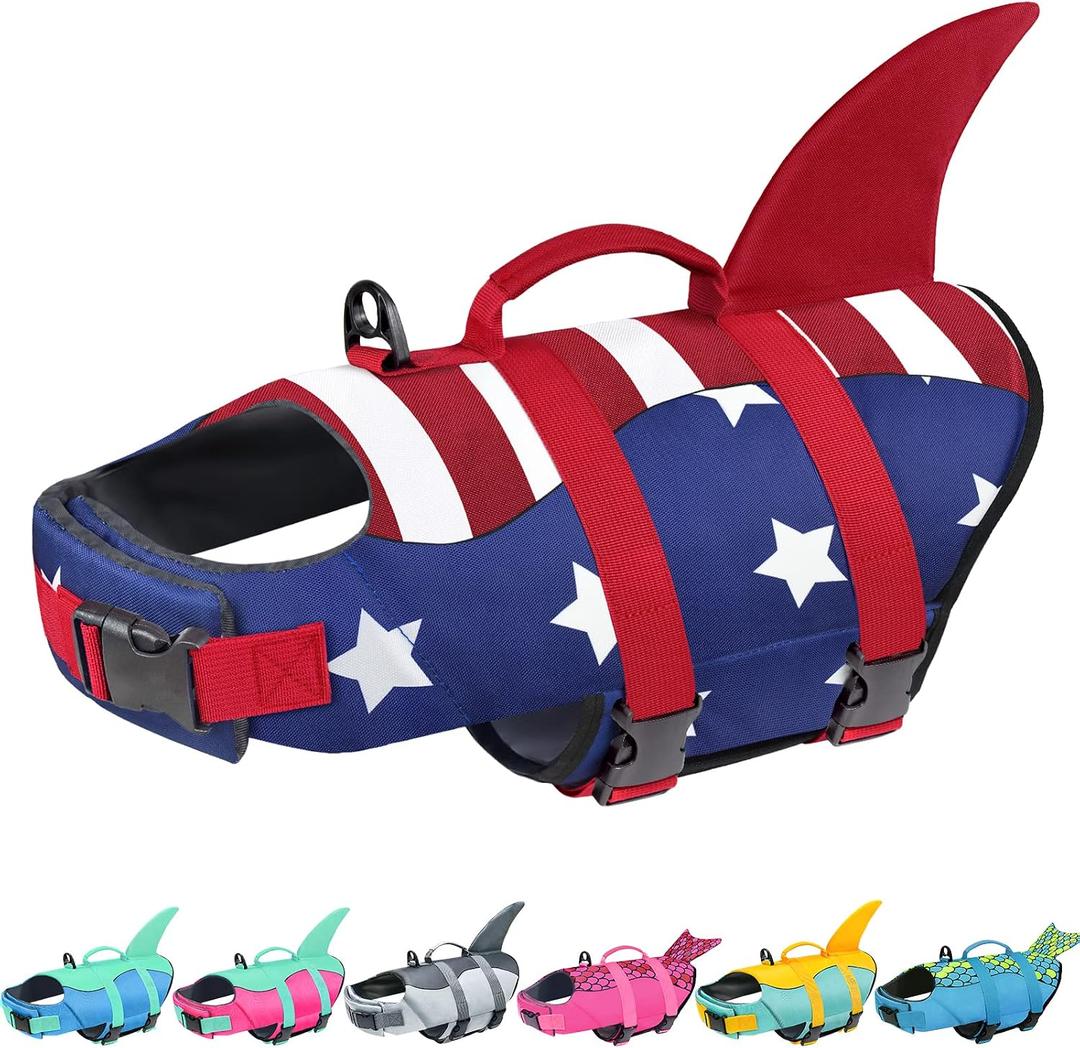 Malier Dog Life Jacket, Ripstop American Flag Dog Life Vest for Swimming Boating, Shark Puppy Lifesaver with High Buoyancy Swimsuit for Small Medium and Large Dogs (X-Large)