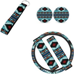 FKELYI 6 Packs Car Steering Cover Southwestern Tribal Steering Wheel Wrap+Blue Aztec Seat Belt Pads+Absorbent Cup Coaster Pads+Auto Keychain Holder