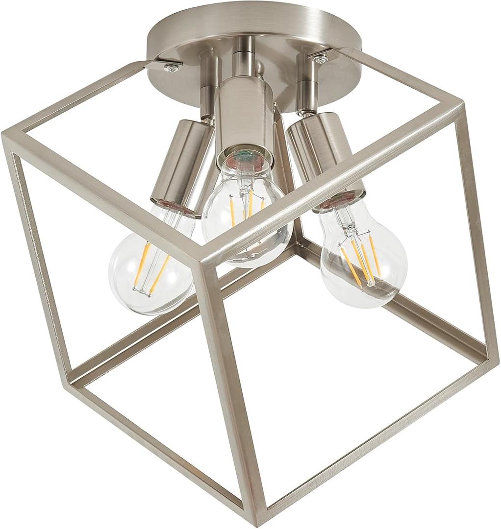 Brushed Nickel Flush Mount Ceiling Light, Multi-Directional Geometric Light Fixtures Ceiling Mount, Modern Metal Frame Kitchen Foyer Lights With E26 Base for Farmhouse Living Room Hallway Porch