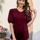Puff Sleeve Tops for Women V Neck T Shirts Summer Business Casual Tops Loose Fit Dressy Casual Blouses (Red, XXL)