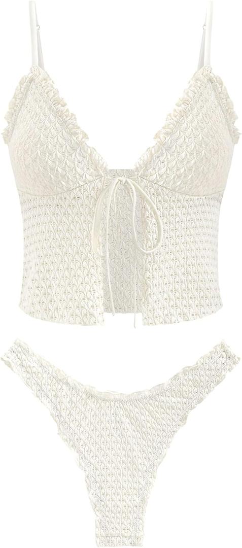 seamoly Women's Tankini Sets Tie Front Ruffle Bikini Set High Cut Thong Two Piece Swimsuit Floral Gingham Bathing Suit (Large, Beige)