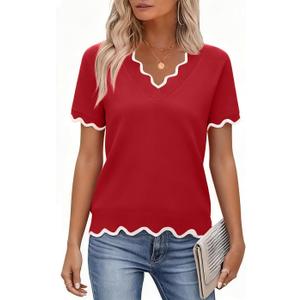 BONITEE Womens Summer Short Sleeve Tops Casual V Neck Shirts Classy Knit Pullover Blouses Lightweight Sweater Cute Clothes (Red, L)