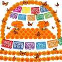 Dia De Los Muertos Day of the Dead decoration include Marigold Flowers garland Marigold Flowers Mexican Banners Monarch Butterflies for Ofrenda Altar Decor