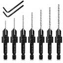 7 Pack Countersink Drill Bits Set, Wood Drill Countersink Counterbore 3in1, Three 82-Degree Chamfer Cutters, M2 Counterbore Cutting Depth Adjustable, with 2 Allen Wrenches and 1/4 Hex Shank