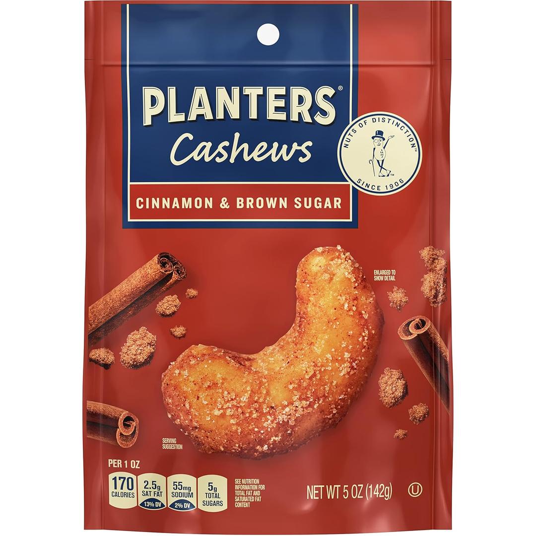 PLANTERS Cashews Cinnamon & Brown Sugar - Trail Mix Snack Pack - Snacks with Cinnamon & Brown Sugar, Snack Pack, Party Trail Mix, 5 Oz Bag BBD 7/13/2025