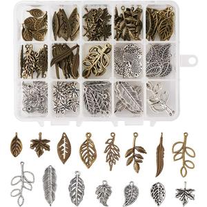 Beadthoven 1Box/150pcs 15 Styles Tibetan Style Mixed Color Alloy Tree Leaf Charms Branch Leaves Pendants Beads for DIY Jewelry Necklace Bracelet Making
