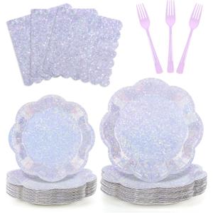 100pcs Lavender Paper Plates and Napkins Party Supplies,Iridescent Disposable 9inch Plates,7inch Dessert Plates and Napkins and Forks,Holographic Tableware for Birthday Wedding Baby Shower,Serves 25