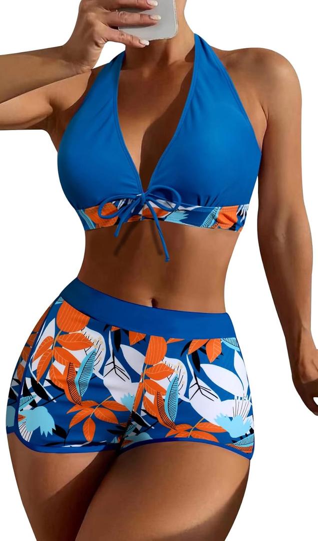Women's Two Piece Halter Swimsuit V Neck Push Up Bikini Set Swimwear with Boyshorts Swimwear for Swimming Pool, Medium