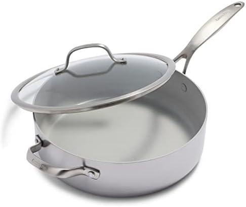 GreenPan Venice Pro Tri-Ply Stainless Steel Healthy Ceramic Nonstick 5QT Saute Pan Jumbo Cooker with Helper Handle and Lid, PFAS-Free, Multi Clad, Induction, Dishwasher Safe, Oven Safe, Silver