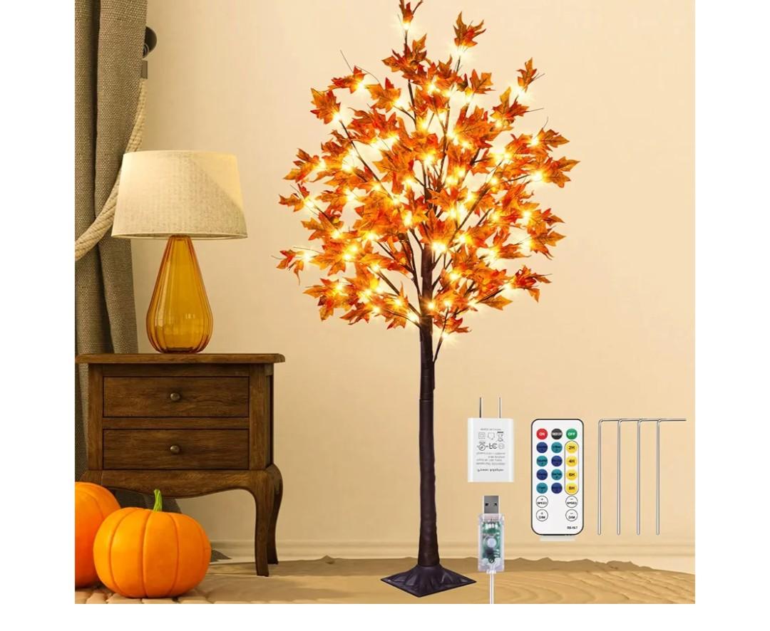 Remon 5FT 90LED Fall Maple Tree Light - Thanksgiving Decor Artificial Fall Tree with 9 Acorn, Remote 8 Flashing Modes, Timing, DC 5V Safe for Wedding Outdoor Decor (Upgraded Silk-Screened Leaves)